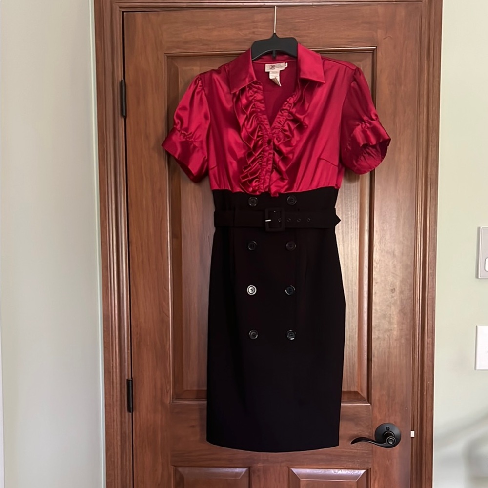 Red and Black Sheath Dress with Collar for Work